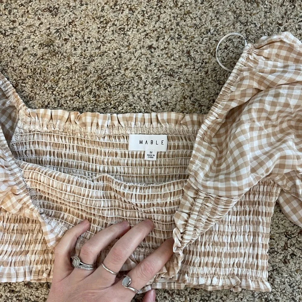 Gingham Puff-Sleeve Crop Top & Tiered Maxi Skirt Set - Cream/Tan - Picture 2 of 3